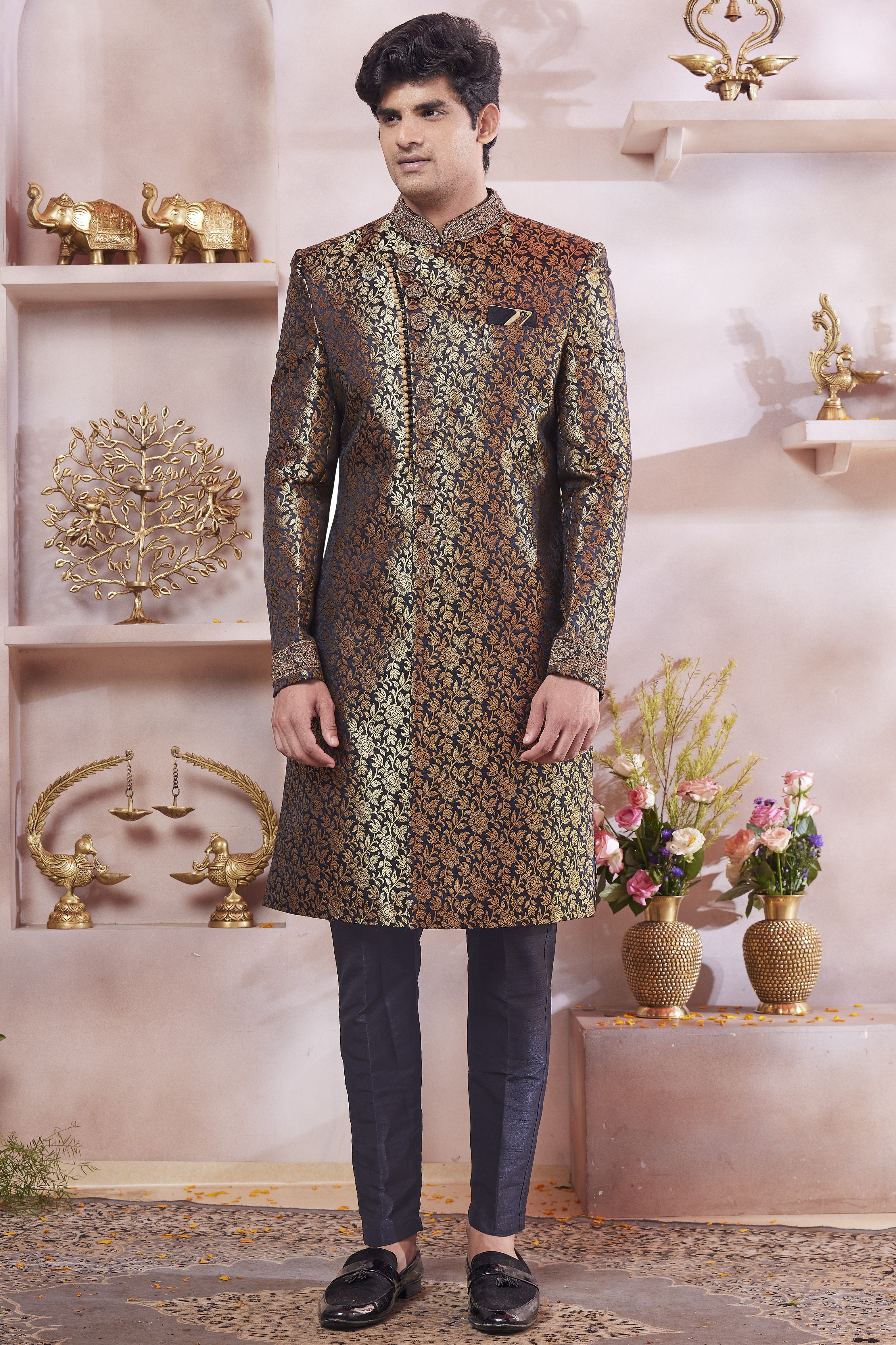 Dark Blue Banarasi Silk Indo Western Traditional Sherwani Long Kurta & Pant Suit for Men for Wedding - Jacquard Work, Embroidery Work