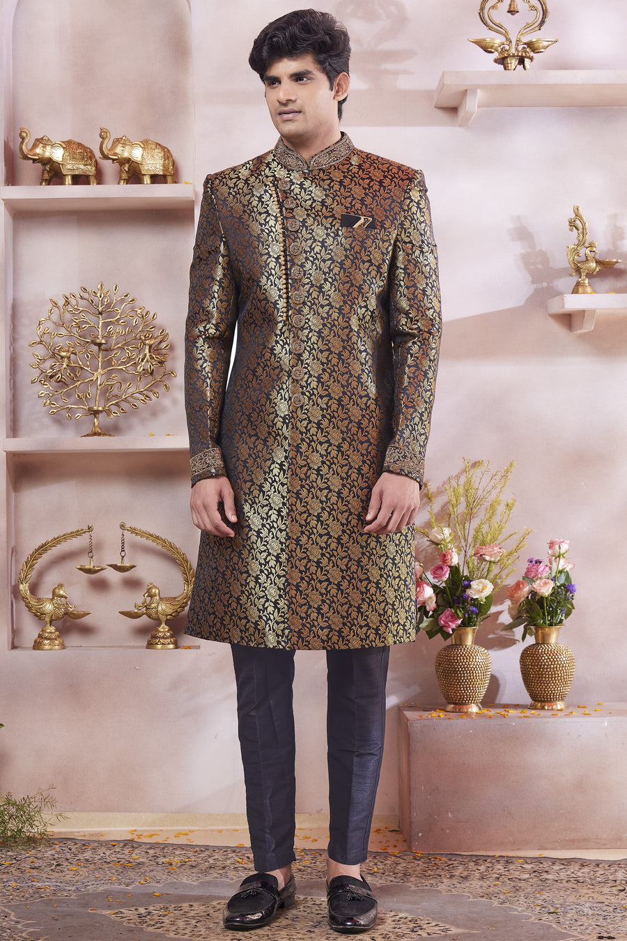 Dark Blue Banarasi Silk Indo Western Traditional Sherwani Long Kurta & Pant Suit for Men for Wedding - Jacquard Work, Embroidery Work