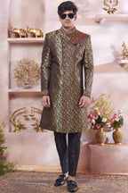 Dark Blue Banarasi Silk Indo Western Traditional Sherwani Long Kurta & Pant Suit for Men for Wedding - Jacquard Work, Embroidery Work