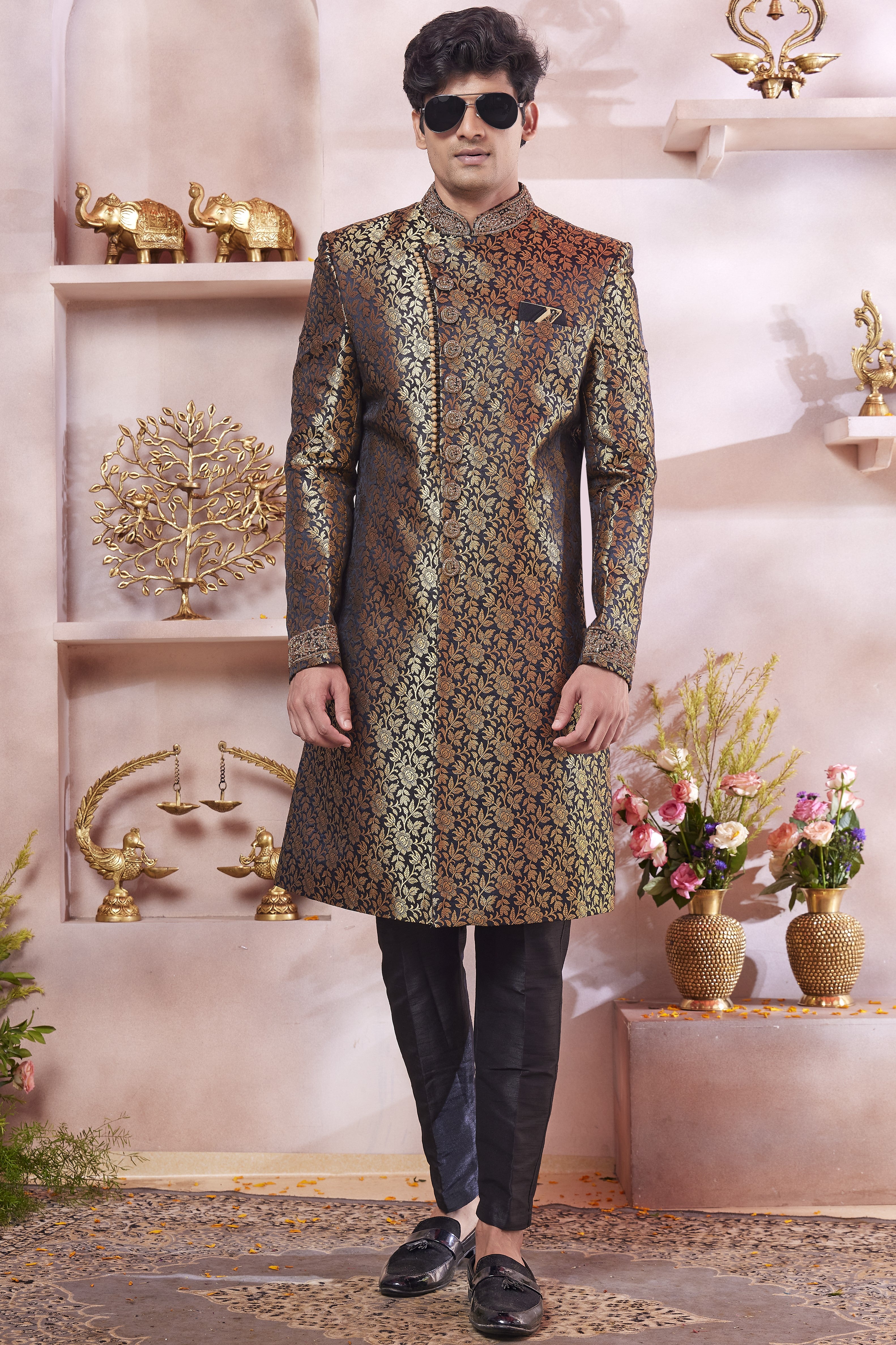 Dark Blue Banarasi Silk Indo Western Traditional Sherwani Long Kurta & Pant Suit for Men for Wedding - Jacquard Work, Embroidery Work