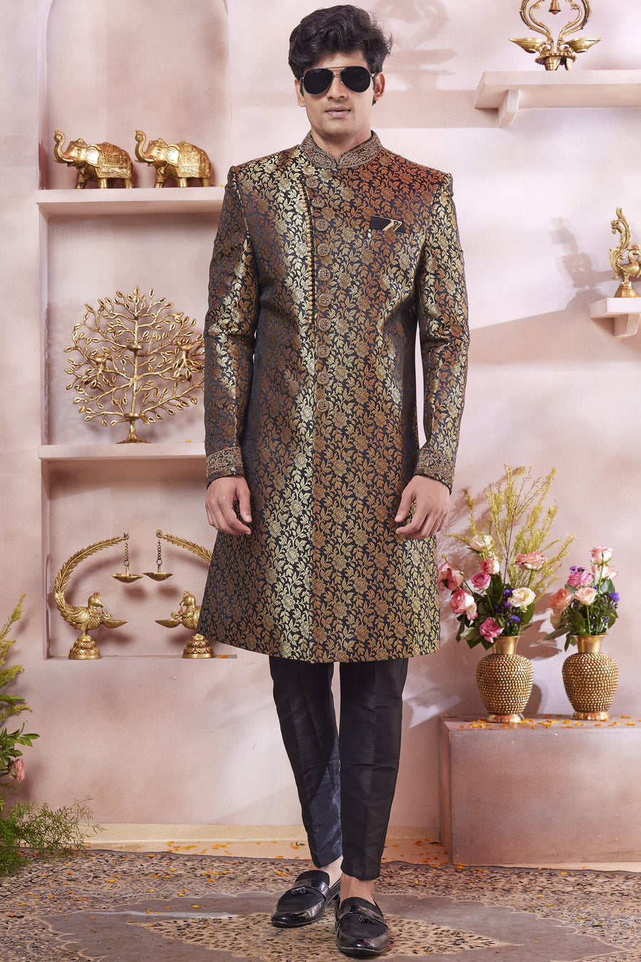 Dark Blue Banarasi Silk Indo Western Traditional Sherwani Long Kurta & Pant Suit for Men for Wedding - Jacquard Work, Embroidery Work