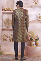 Dark Blue Banarasi Silk Indo Western Traditional Sherwani Long Kurta & Pant Suit for Men for Wedding - Jacquard Work, Embroidery Work