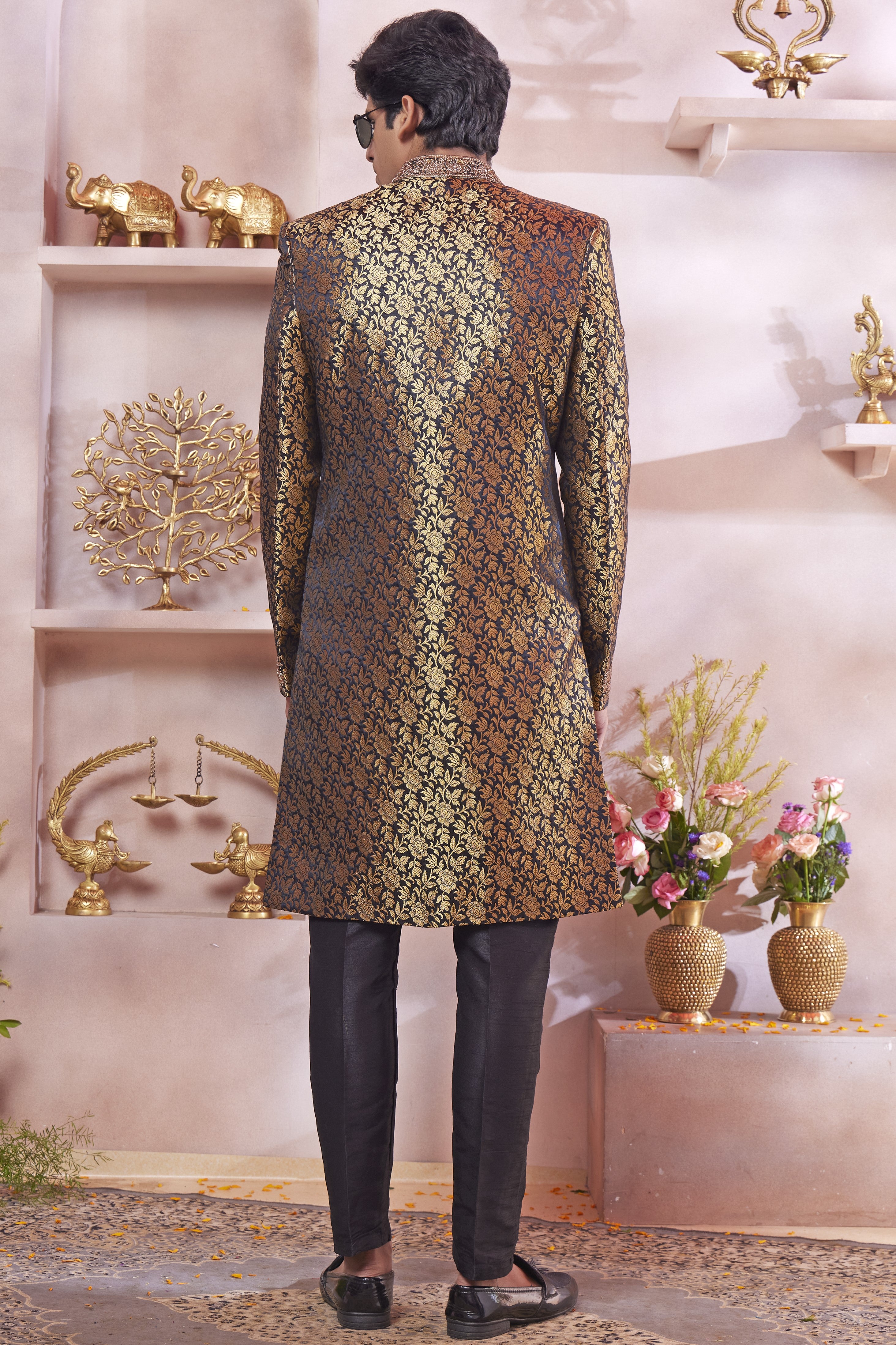 Dark Blue Banarasi Silk Indo Western Traditional Sherwani Long Kurta & Pant Suit for Men for Wedding - Jacquard Work, Embroidery Work