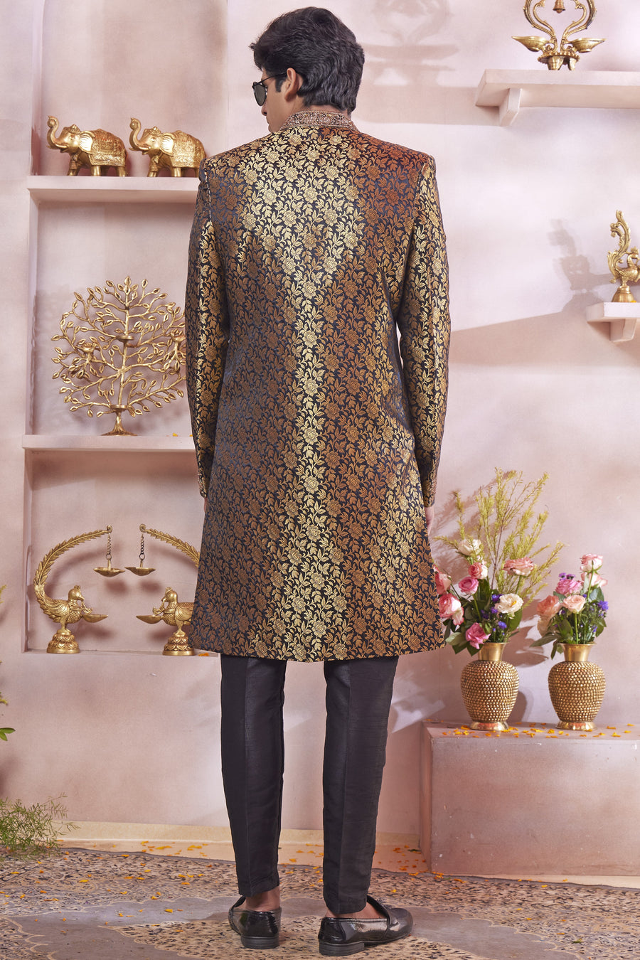 Dark Blue Banarasi Silk Indo Western Traditional Sherwani Long Kurta & Pant Suit for Men for Wedding - Jacquard Work, Embroidery Work