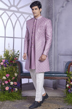 Light Purple Art Silk Indo Western Traditional Sherwani Kurta with Jacket & Pant for Men for Wedding - Embroidery Work
