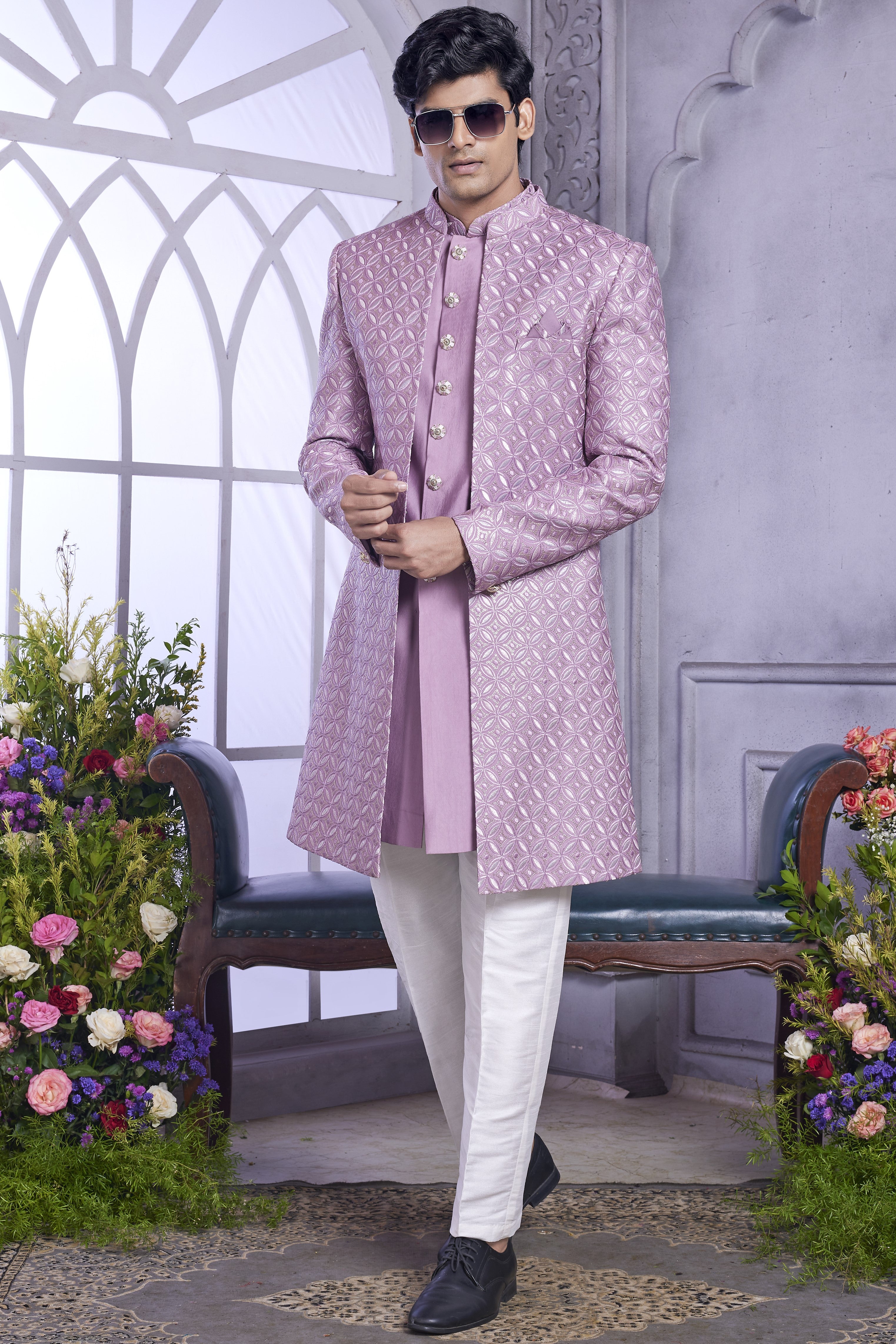 Light Purple Art Silk Indo Western Traditional Sherwani Kurta with Jacket & Pant for Men for Wedding - Embroidery Work