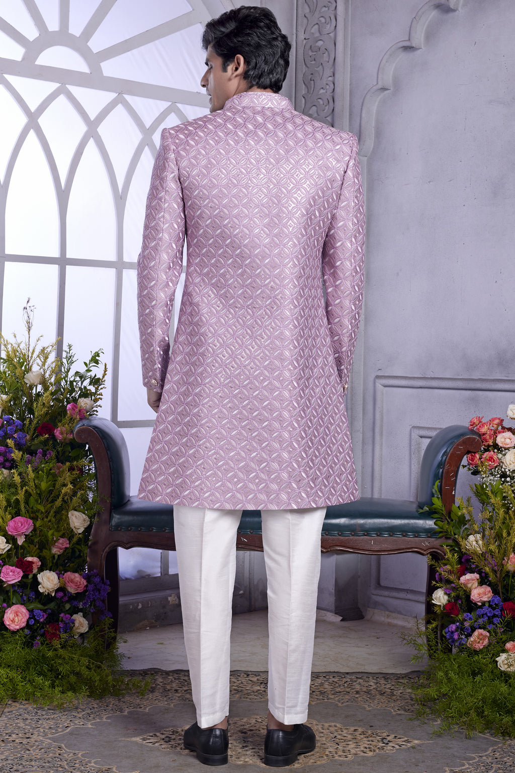 Light Purple Art Silk Indo Western Traditional Sherwani Kurta with Jacket & Pant for Men for Wedding - Embroidery Work