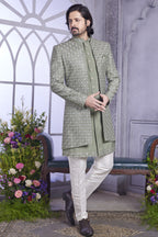 Muted Green Art Silk Indo Western Traditional Sherwani Kurta with Jacket & Pant for Men for Wedding - Embroidery Work