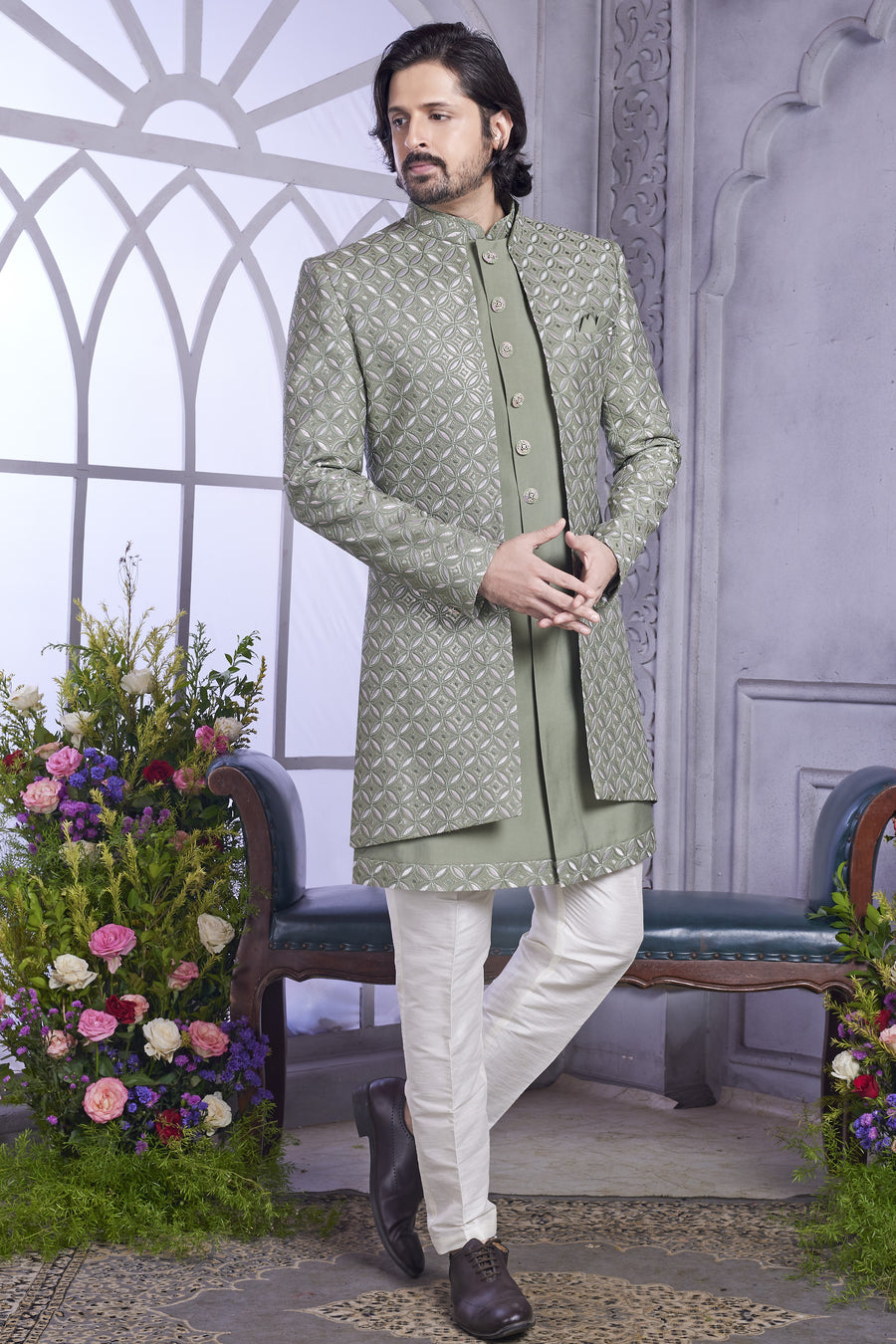 Muted Green Art Silk Indo Western Traditional Sherwani Kurta with Jacket & Pant for Men for Wedding - Embroidery Work