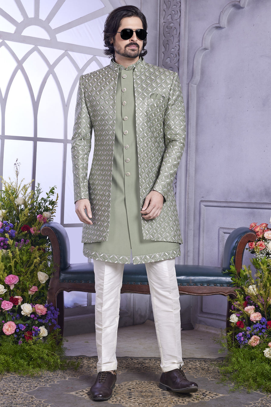 Muted Green Art Silk Indo Western Traditional Sherwani Kurta with Jacket & Pant for Men for Wedding - Embroidery Work