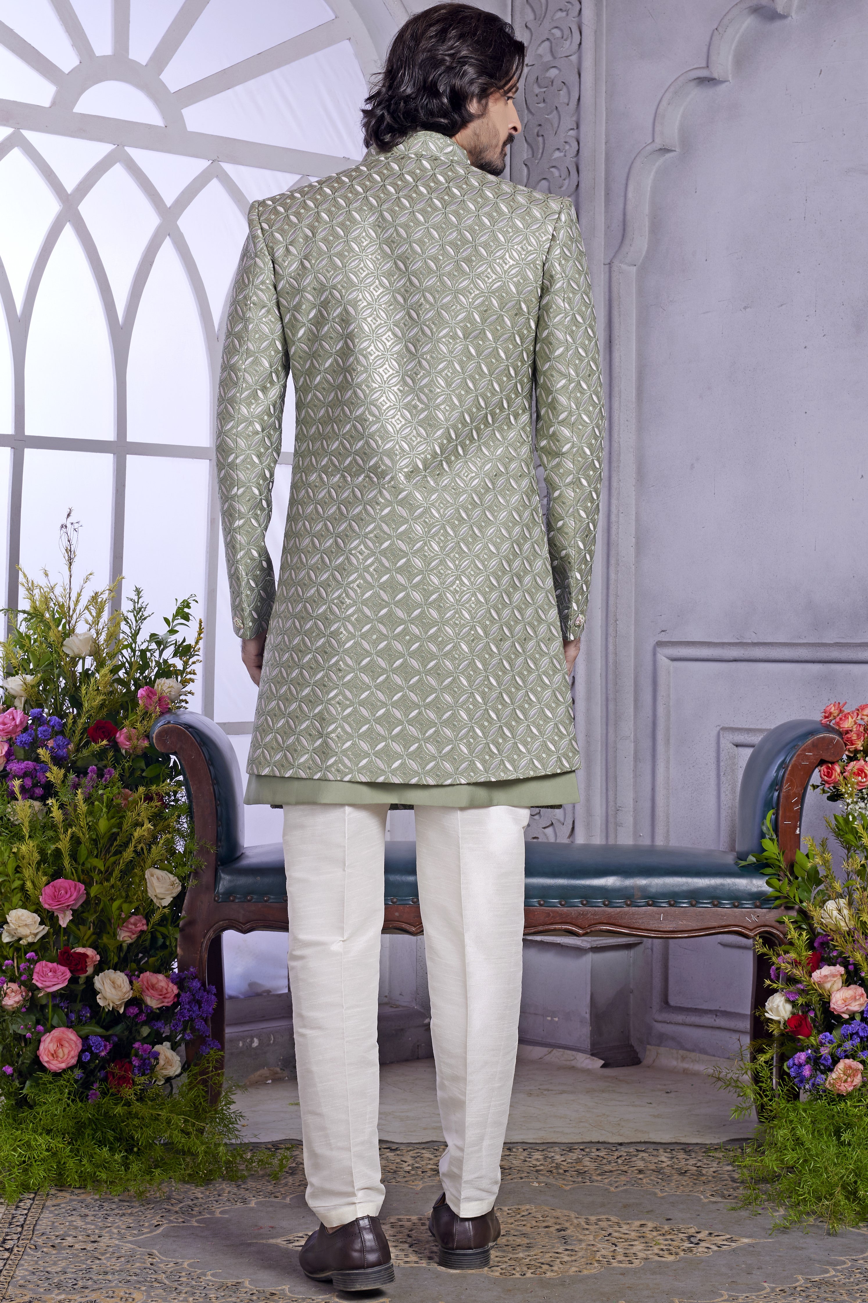 Muted Green Art Silk Indo Western Traditional Sherwani Kurta with Jacket & Pant for Men for Wedding - Embroidery Work