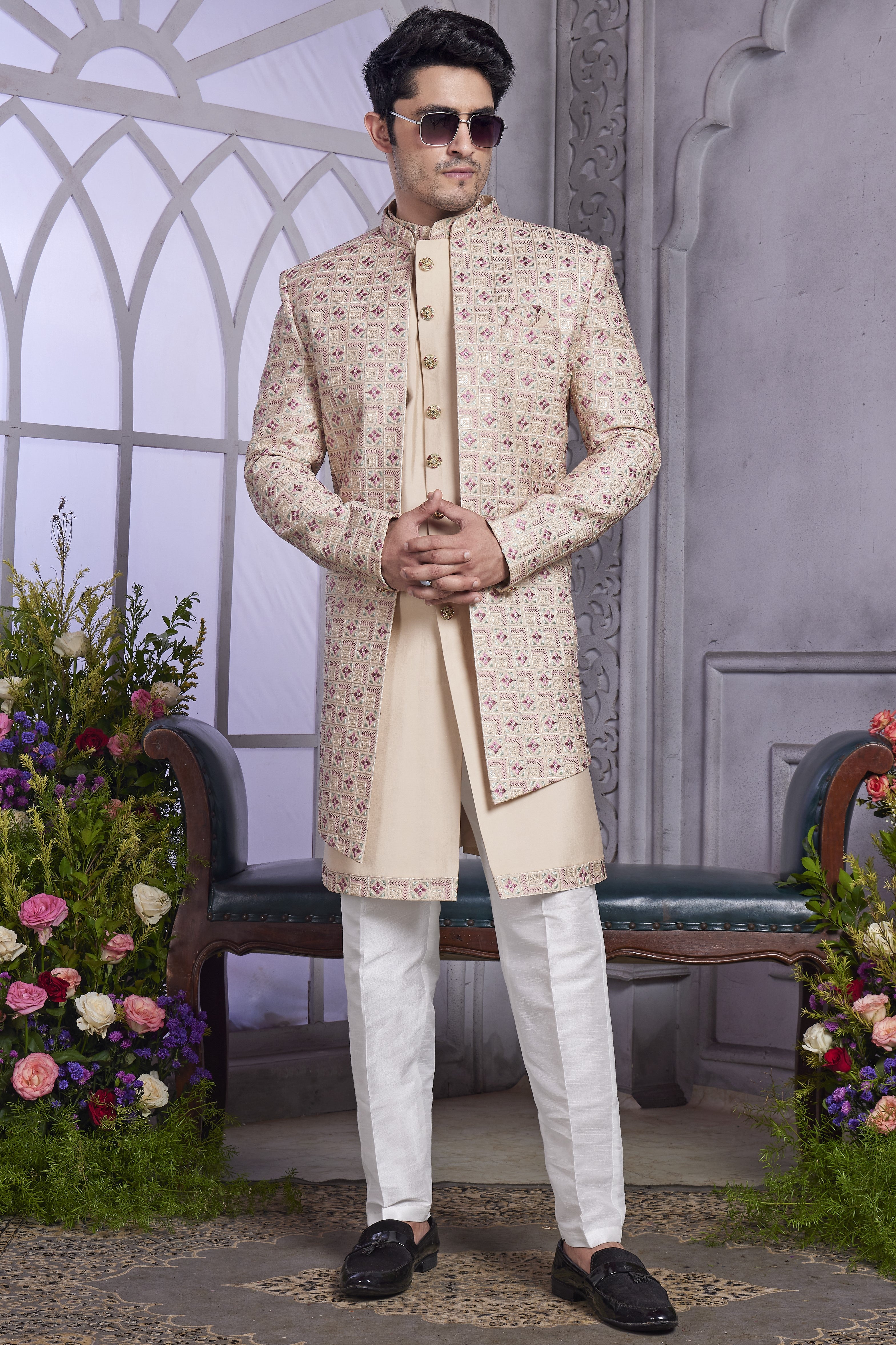 Beige Art Silk Indo Western Traditional Sherwani Kurta with Jacket & Pant for Men for Wedding - Embroidery Work