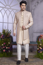 Beige Art Silk Indo Western Traditional Sherwani Kurta with Jacket & Pant for Men for Wedding - Embroidery Work