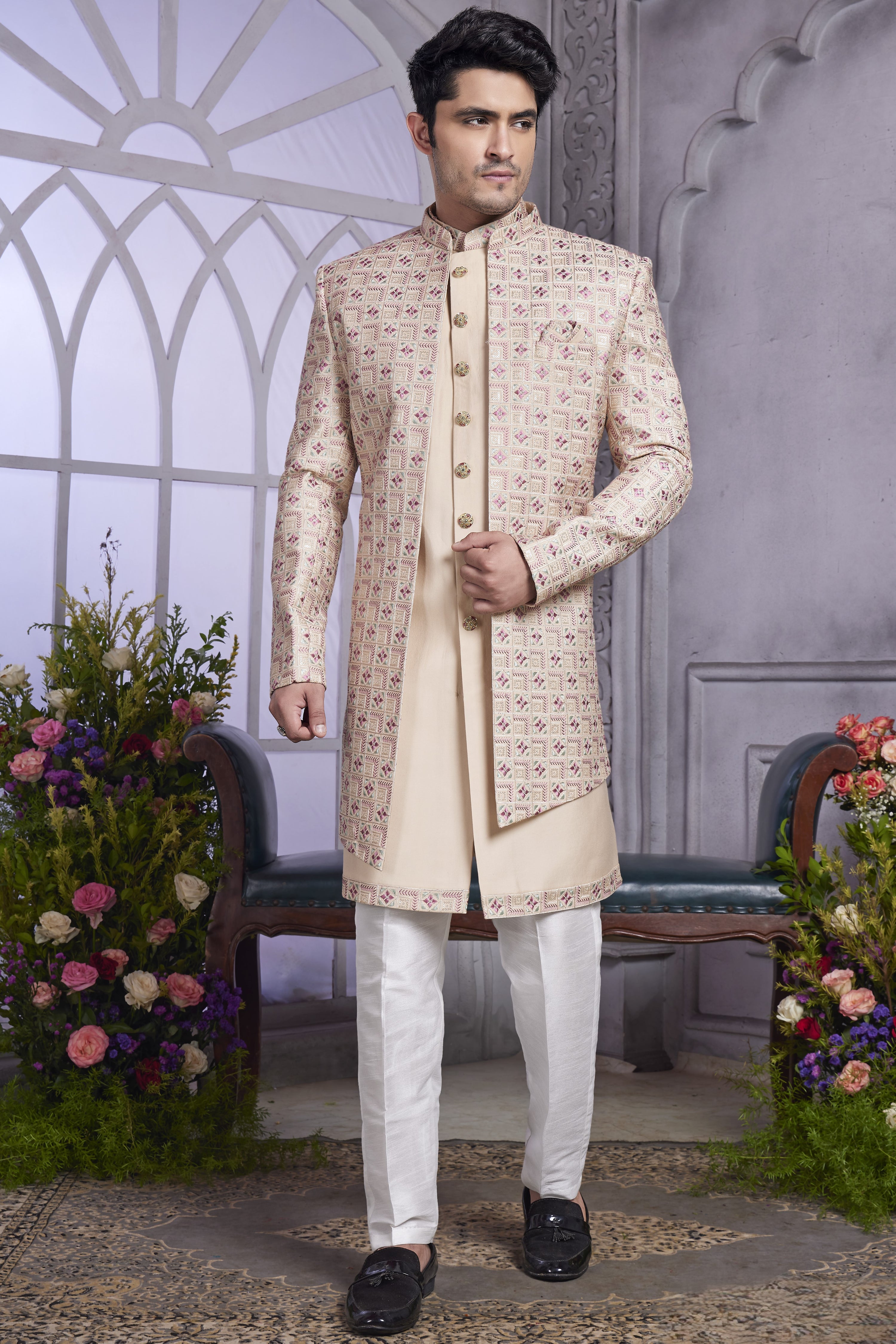 Beige Art Silk Indo Western Traditional Sherwani Kurta with Jacket & Pant for Men for Wedding - Embroidery Work