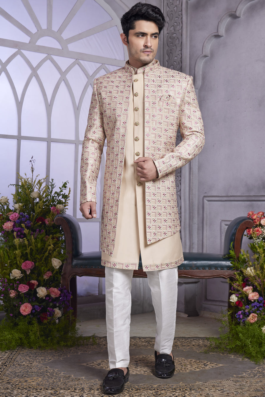 Beige Art Silk Indo Western Traditional Sherwani Kurta with Jacket & Pant for Men for Wedding - Embroidery Work