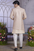 Beige Art Silk Indo Western Traditional Sherwani Kurta with Jacket & Pant for Men for Wedding - Embroidery Work