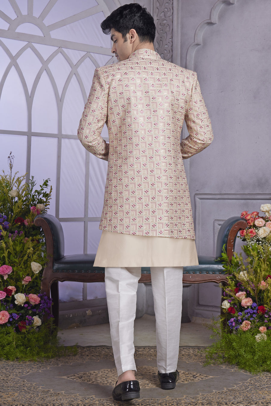 Beige Art Silk Indo Western Traditional Sherwani Kurta with Jacket & Pant for Men for Wedding - Embroidery Work