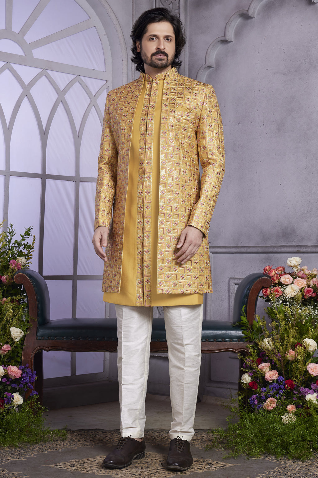Golden Art Silk Indo Western Traditional Sherwani Kurta with Jacket & Pant for Men for Wedding - Embroidery Work