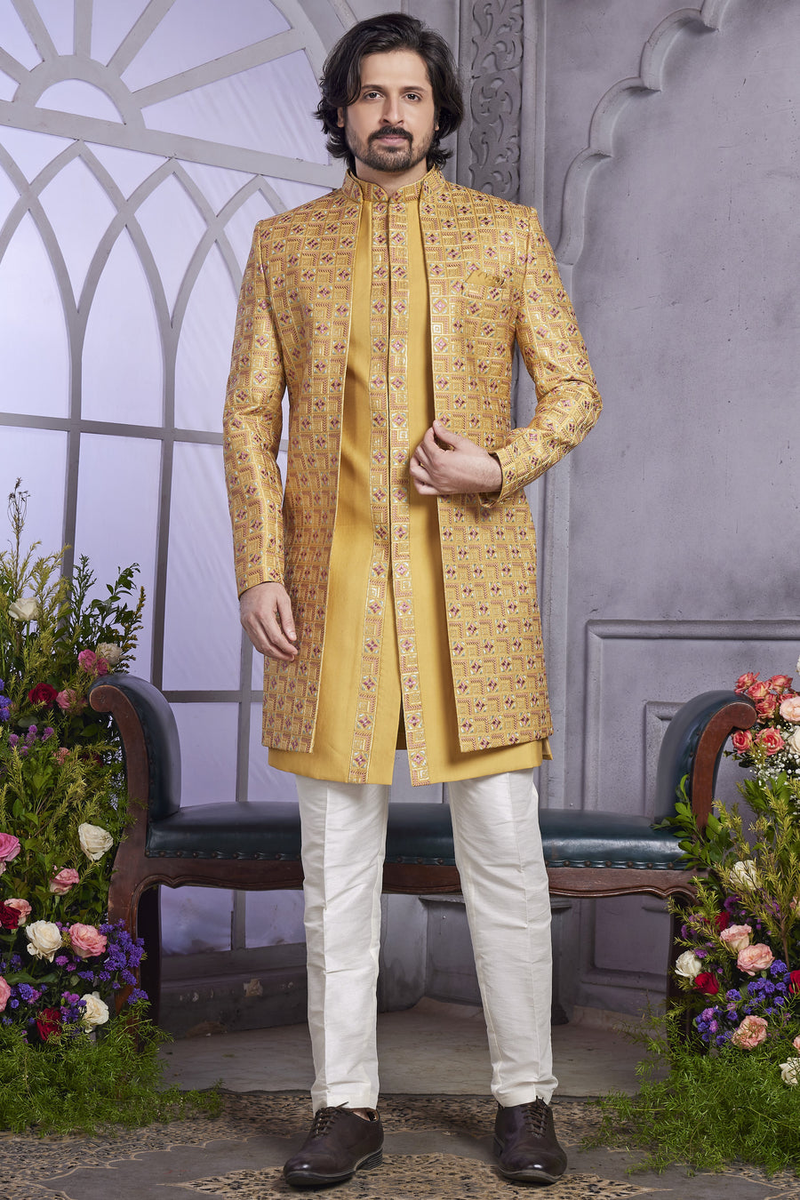 Golden Art Silk Indo Western Traditional Sherwani Kurta with Jacket & Pant for Men for Wedding - Embroidery Work