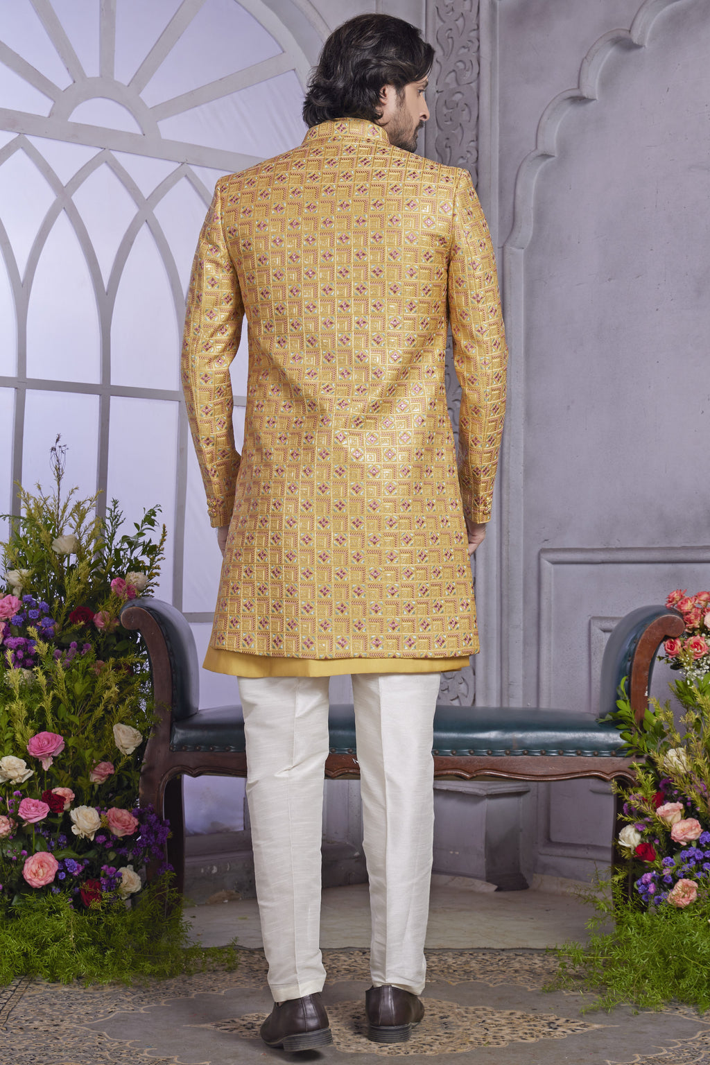 Golden Art Silk Indo Western Traditional Sherwani Kurta with Jacket & Pant for Men for Wedding - Embroidery Work