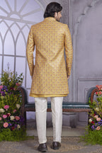 Golden Art Silk Indo Western Traditional Sherwani Kurta with Jacket & Pant for Men for Wedding - Embroidery Work