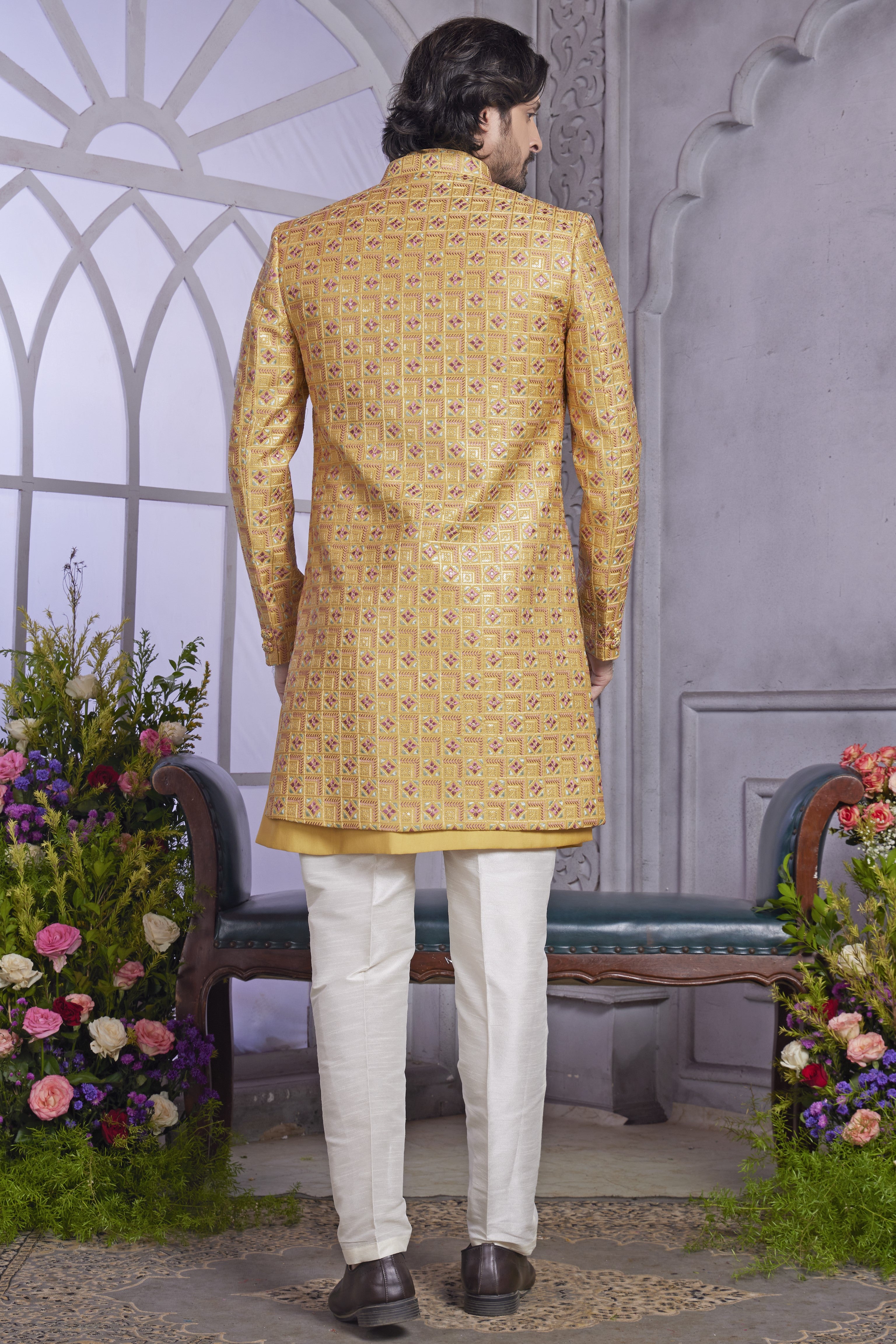 Golden Art Silk Indo Western Traditional Sherwani Kurta with Jacket & Pant for Men for Wedding - Embroidery Work