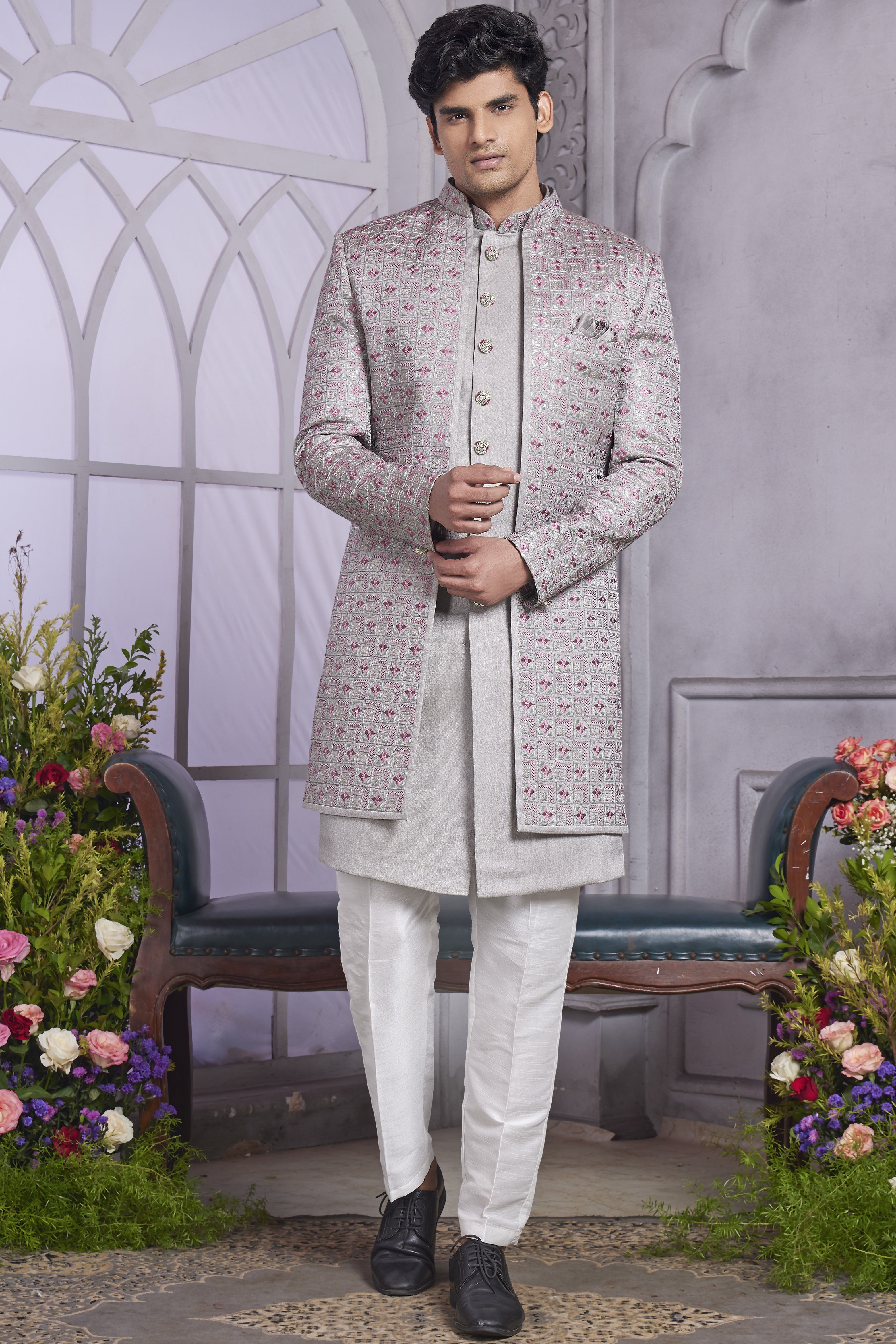 Light Gray Art Silk Indo Western Traditional Sherwani Kurta with Jacket & Pant for Men for Wedding - Embroidery Work