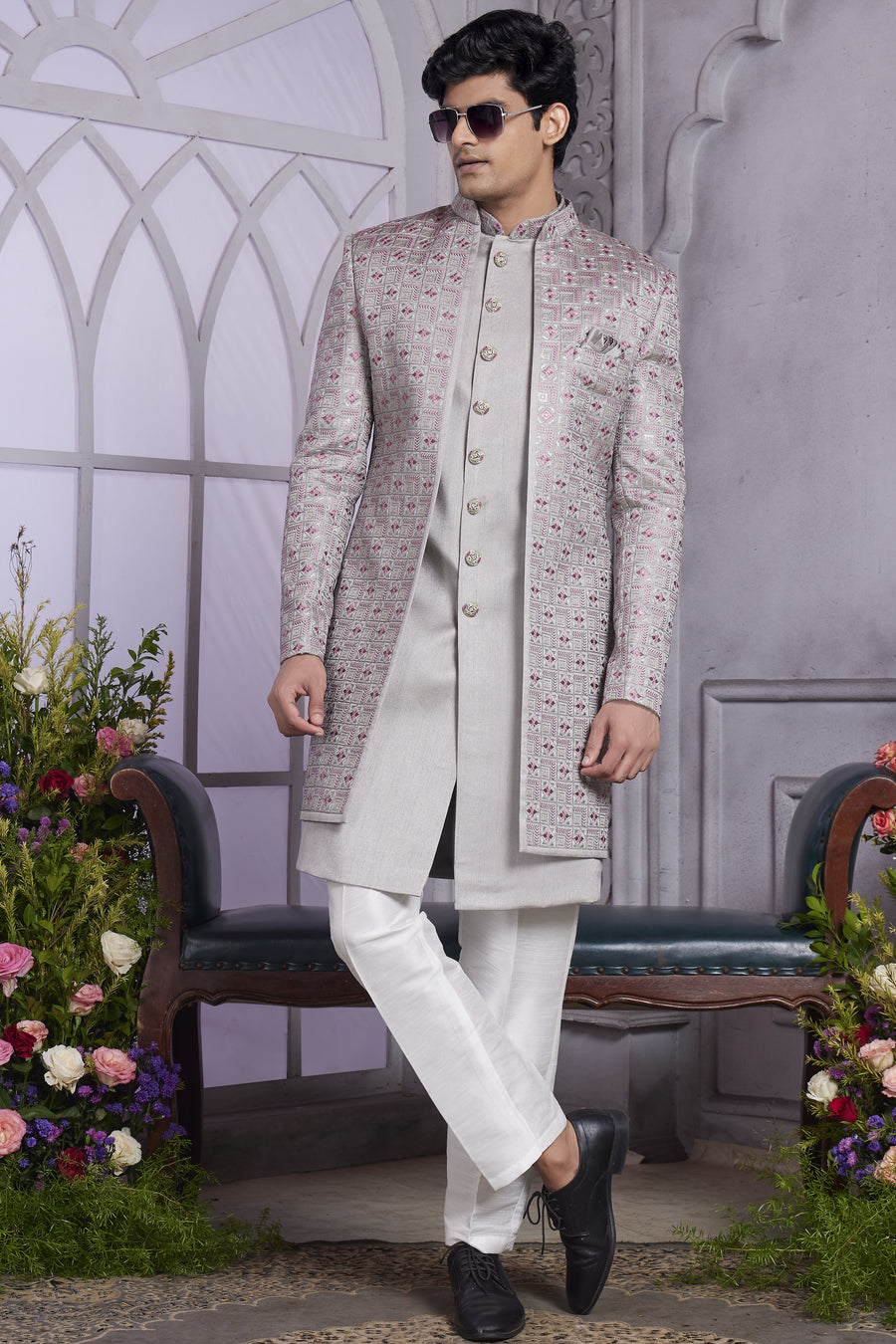 Light Gray Art Silk Indo Western Traditional Sherwani Kurta with Jacket & Pant for Men for Wedding - Embroidery Work