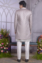 Light Gray Art Silk Indo Western Traditional Sherwani Kurta with Jacket & Pant for Men for Wedding - Embroidery Work