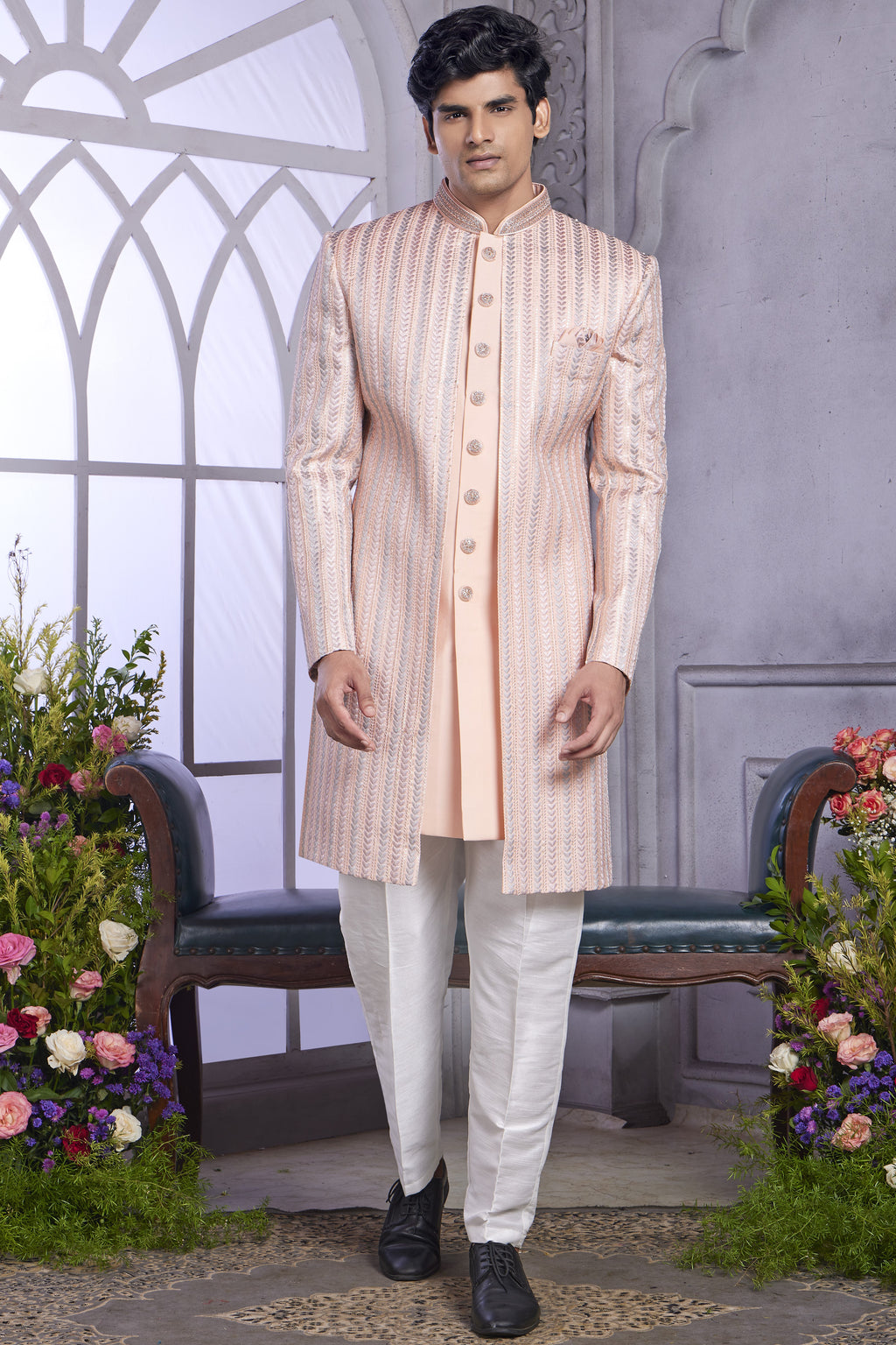 Peach Art Silk Indo Western Traditional Sherwani Kurta with Jacket & Pant for Men for Wedding - Embroidery Work