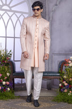 Peach Art Silk Indo Western Traditional Sherwani Kurta with Jacket & Pant for Men for Wedding - Embroidery Work