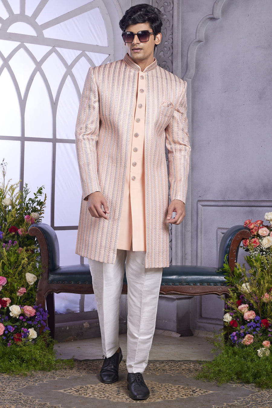 Peach Art Silk Indo Western Traditional Sherwani Kurta with Jacket & Pant for Men for Wedding - Embroidery Work