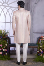 Peach Art Silk Indo Western Traditional Sherwani Kurta with Jacket & Pant for Men for Wedding - Embroidery Work