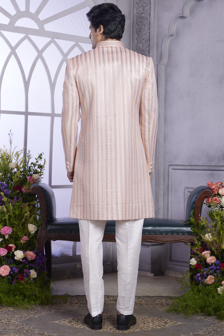 Peach Art Silk Indo Western Traditional Sherwani Kurta with Jacket & Pant for Men for Wedding - Embroidery Work