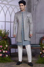 Muted Blue Art Silk Indo Western Traditional Sherwani Kurta with Jacket & Pant for Men for Wedding - Embroidery Work