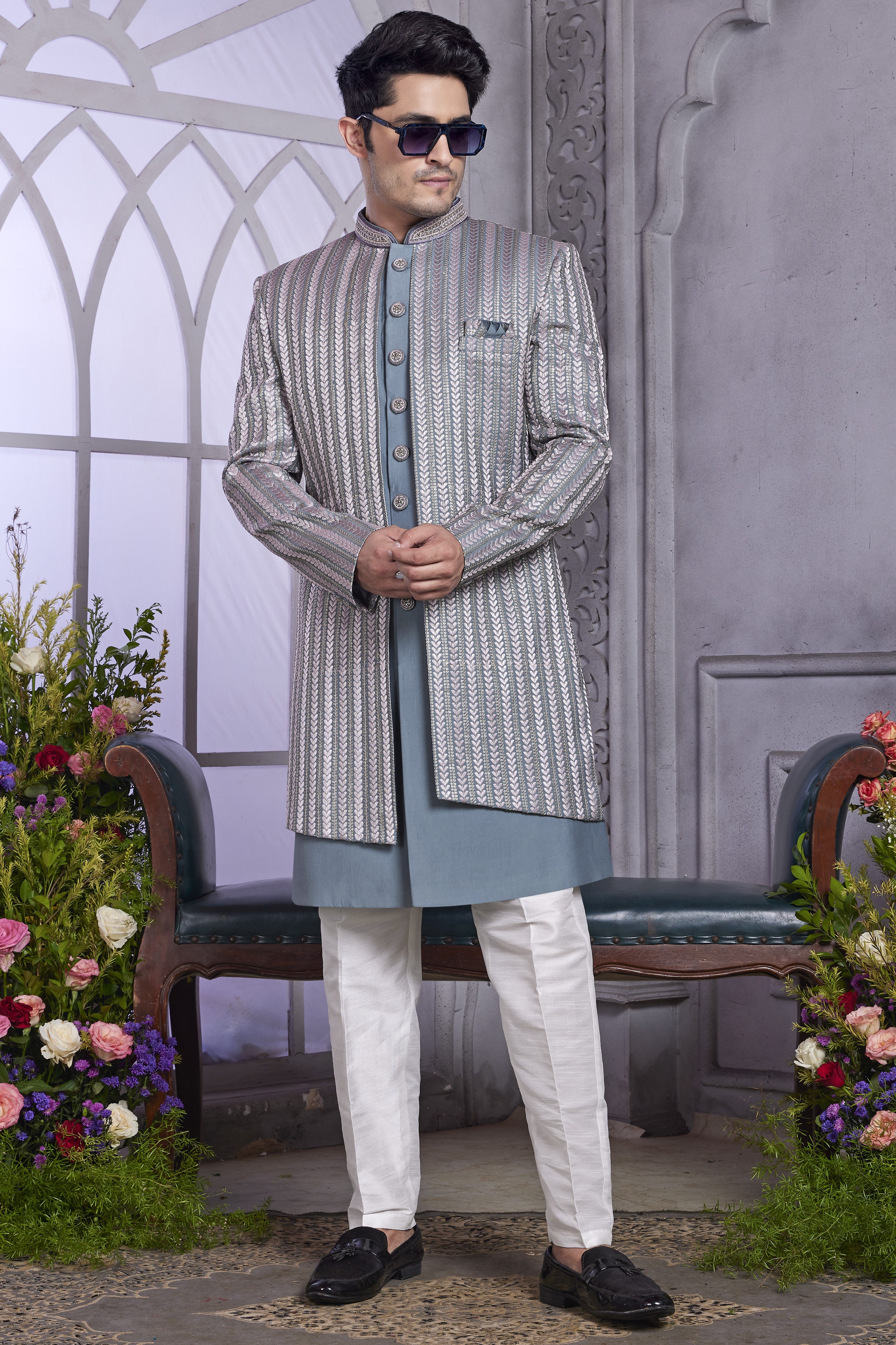 Muted Blue Art Silk Indo Western Traditional Sherwani Kurta with Jacket & Pant for Men for Wedding - Embroidery Work