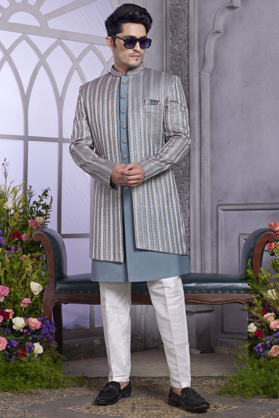 Muted Blue Art Silk Indo Western Traditional Sherwani Kurta with Jacket & Pant for Men for Wedding - Embroidery Work