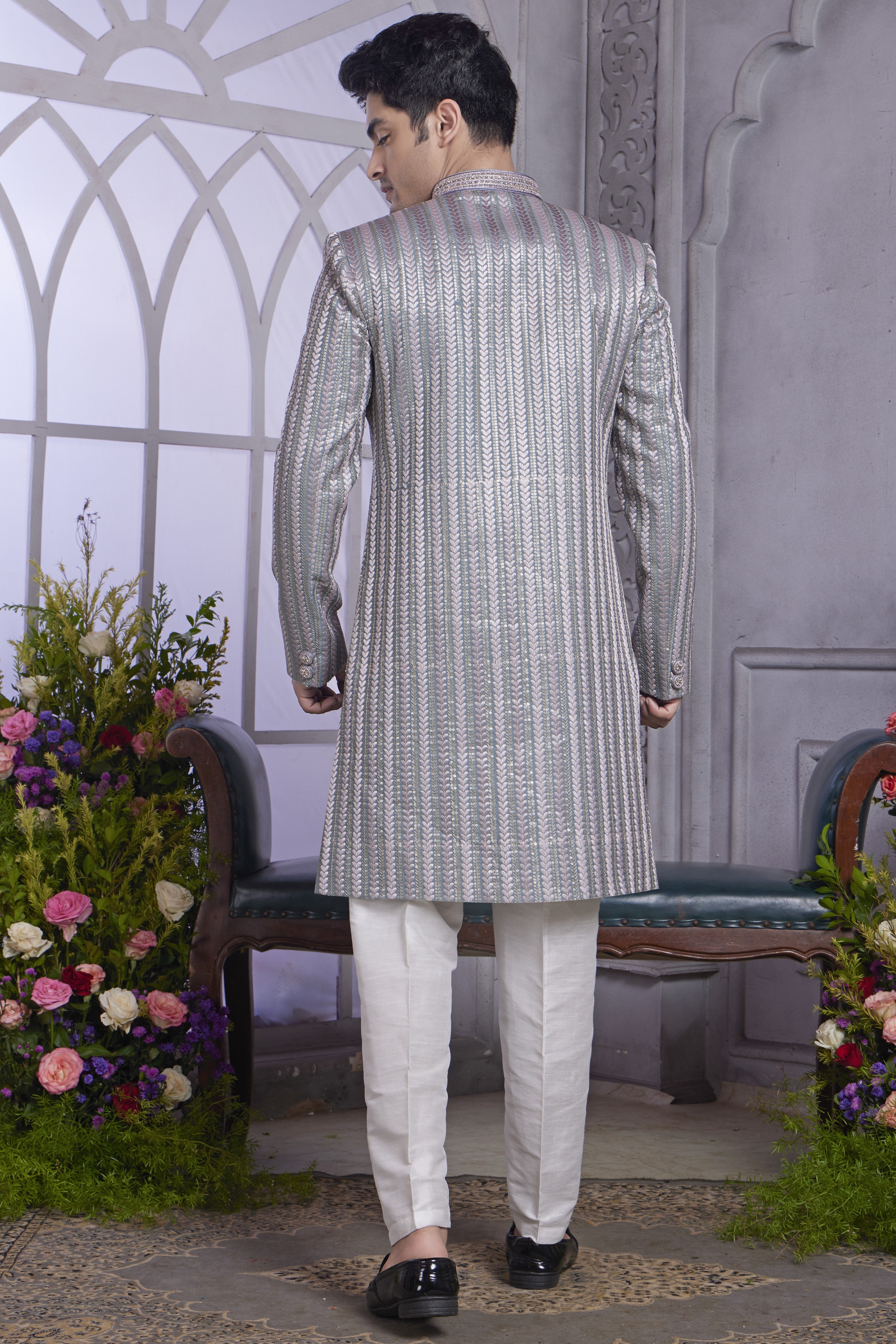 Muted Blue Art Silk Indo Western Traditional Sherwani Kurta with Jacket & Pant for Men for Wedding - Embroidery Work
