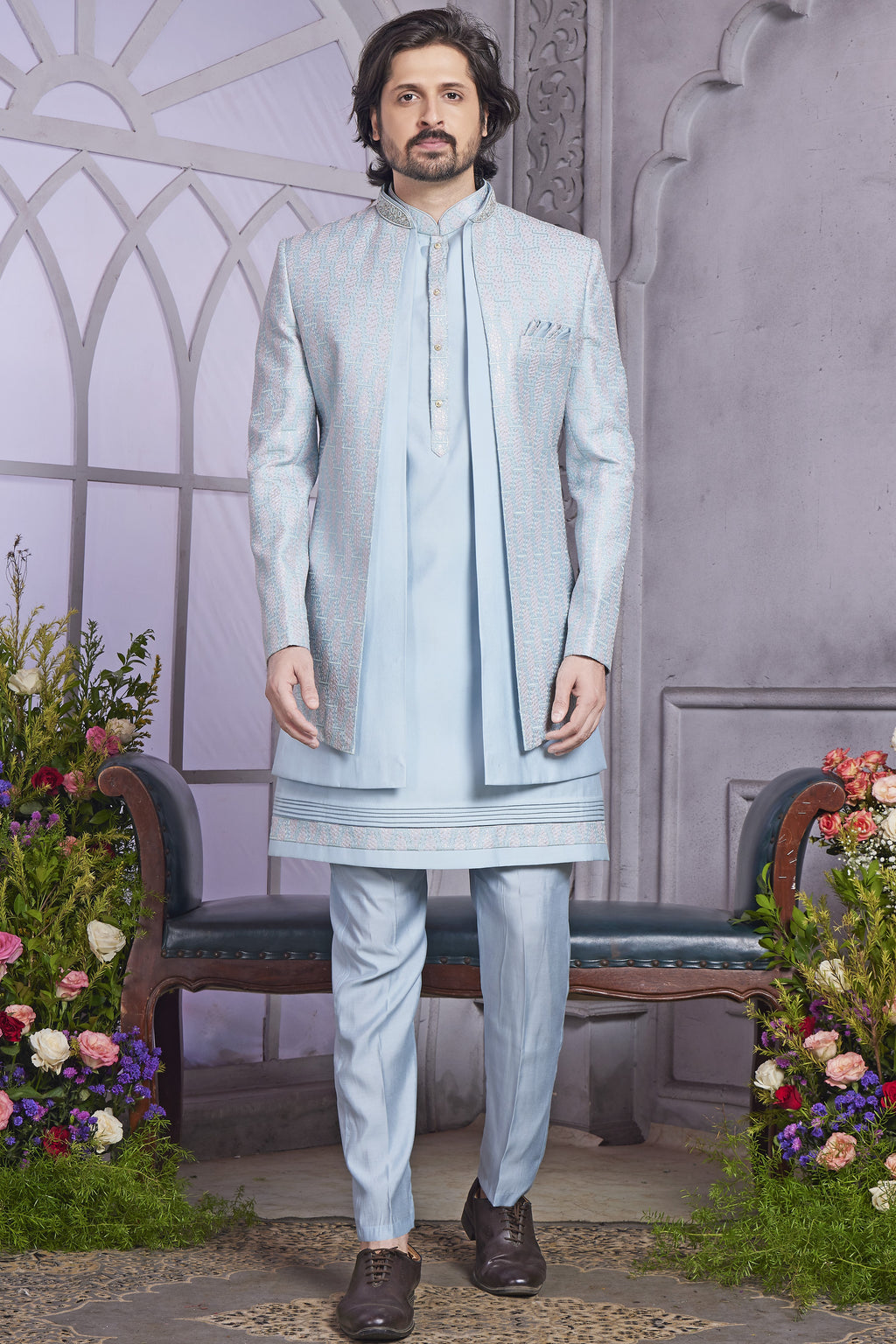 Light Blue Art Silk Indo Western Traditional Sherwani Kurta with Jacket & Pant for Men for Wedding - Embroidery Work