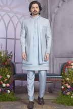 Light Blue Art Silk Indo Western Traditional Sherwani Kurta with Jacket & Pant for Men for Wedding - Embroidery Work