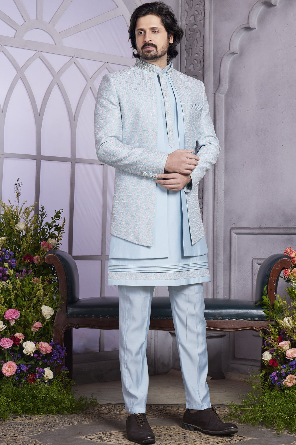 Light Blue Art Silk Indo Western Traditional Sherwani Kurta with Jacket & Pant for Men for Wedding - Embroidery Work