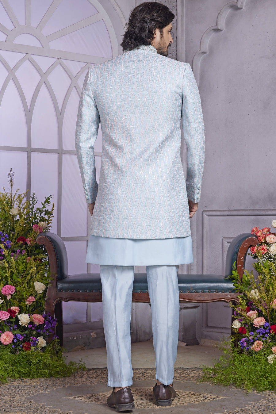 Light Blue Art Silk Indo Western Traditional Sherwani Kurta with Jacket & Pant for Men for Wedding - Embroidery Work