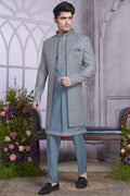 Blue Gray Art Silk Indo Western Traditional Sherwani Kurta with Jacket & Pant for Men for Wedding - Embroidery Work
