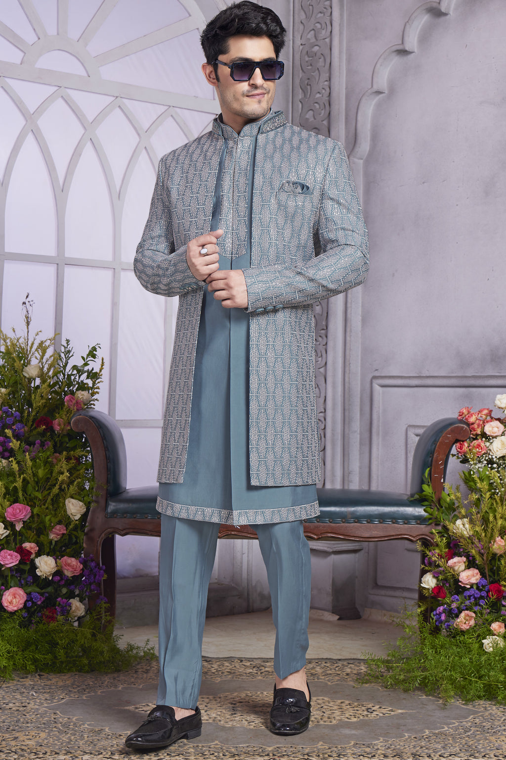 Blue Gray Art Silk Indo Western Traditional Sherwani Kurta with Jacket & Pant for Men for Wedding - Embroidery Work