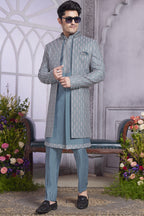 Blue Gray Art Silk Indo Western Traditional Sherwani Kurta with Jacket & Pant for Men for Wedding - Embroidery Work