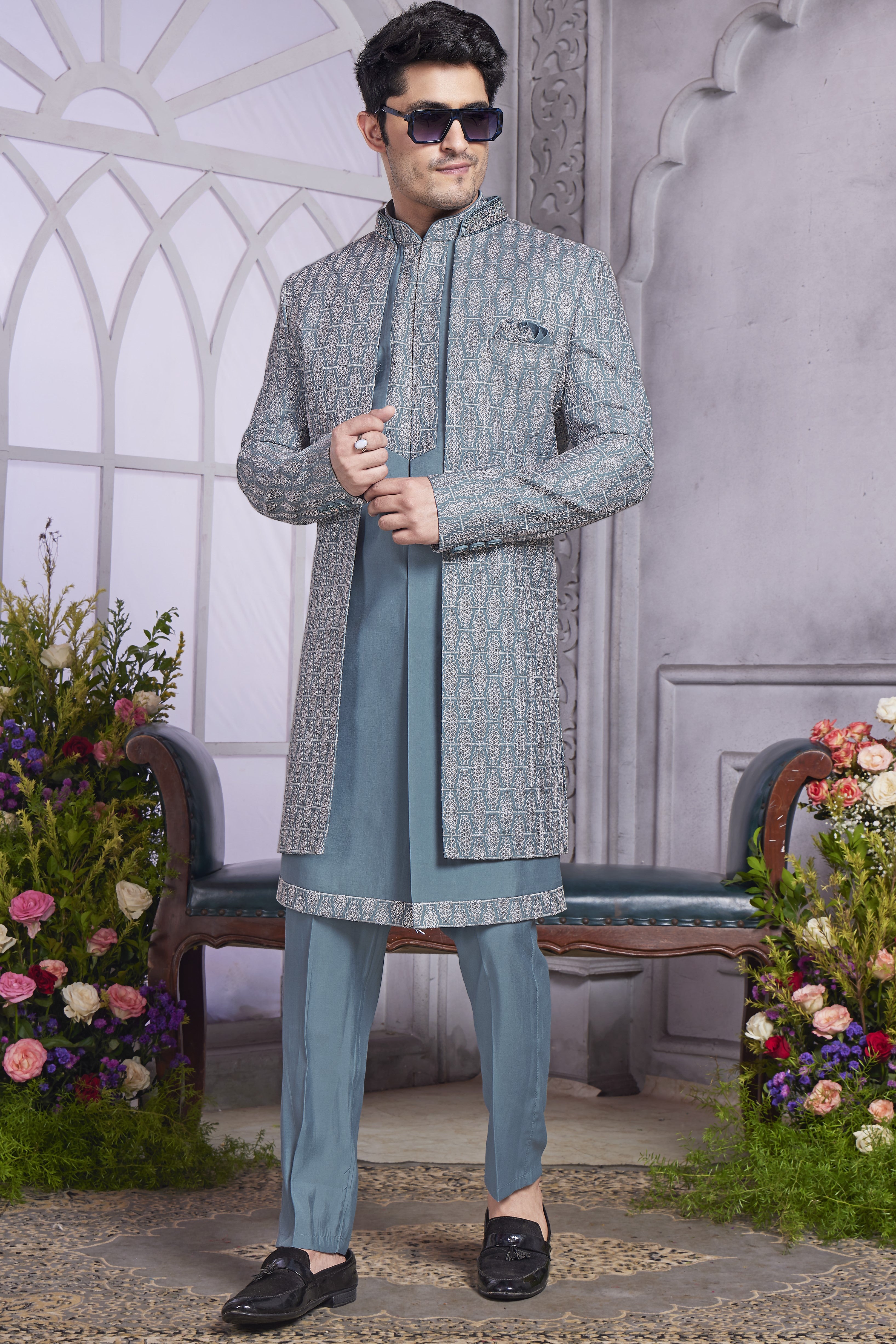Blue Gray Art Silk Indo Western Traditional Sherwani Kurta with Jacket & Pant for Men for Wedding - Embroidery Work