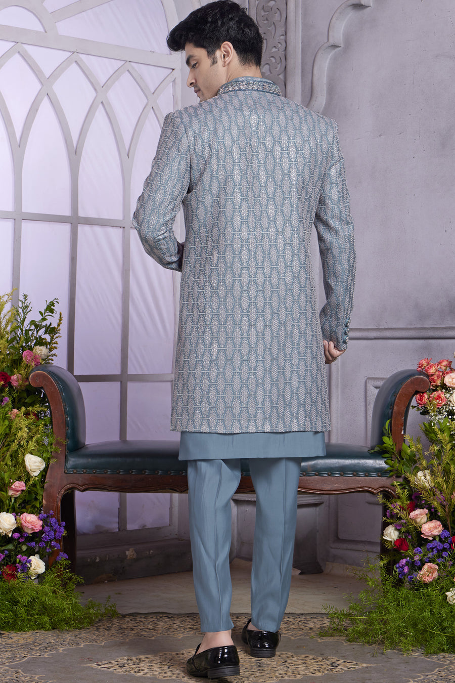 Blue Gray Art Silk Indo Western Traditional Sherwani Kurta with Jacket & Pant for Men for Wedding - Embroidery Work