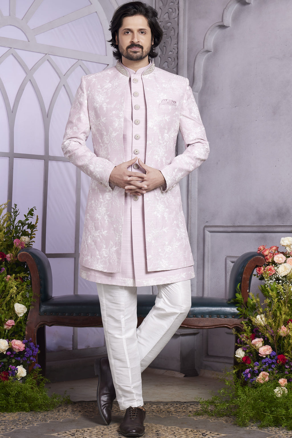 pastel pink Art Silk Indo Western Traditional Sherwani Kurta with Jacket & Pant for Men for Wedding - Embroidery Work