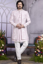 pastel pink Art Silk Indo Western Traditional Sherwani Kurta with Jacket & Pant for Men for Wedding - Embroidery Work
