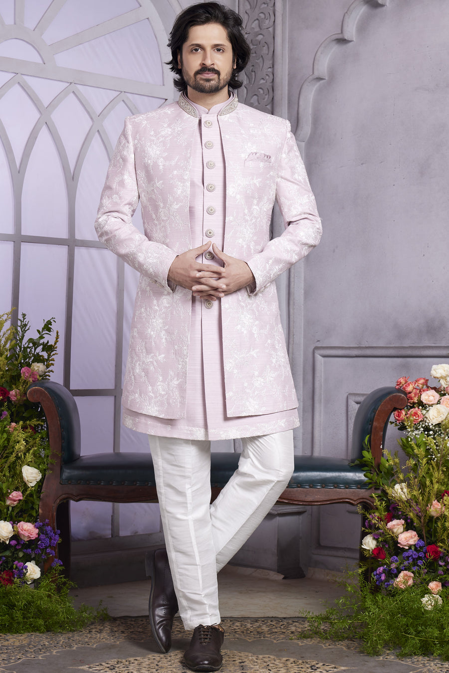 pastel pink Art Silk Indo Western Traditional Sherwani Kurta with Jacket & Pant for Men for Wedding - Embroidery Work